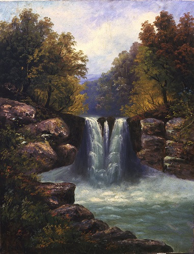 Nicosia, private collection, oil painting of a waterfall.